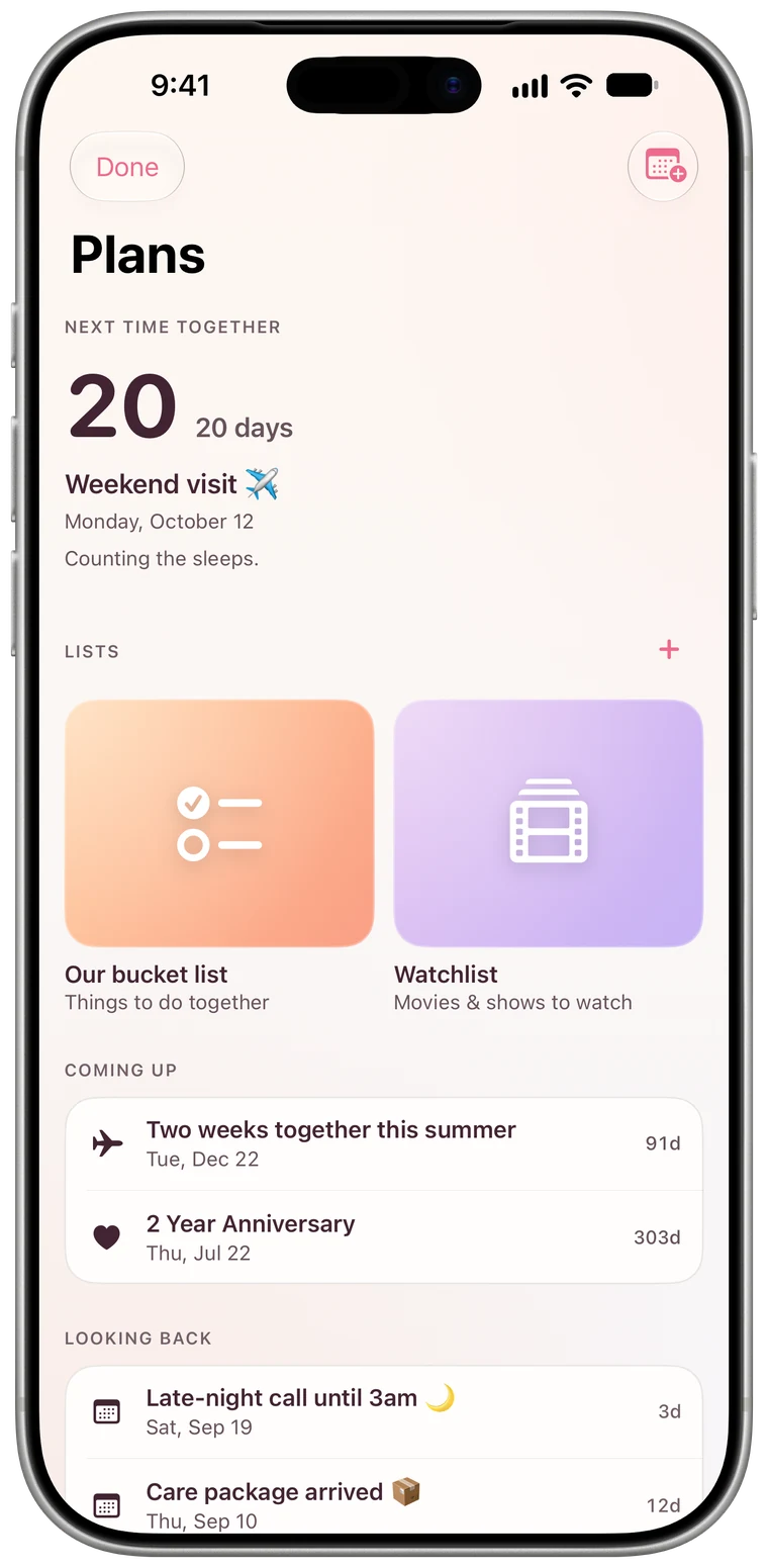 Together Plans: 20 days until the next visit, plus a shared bucket list and watchlist