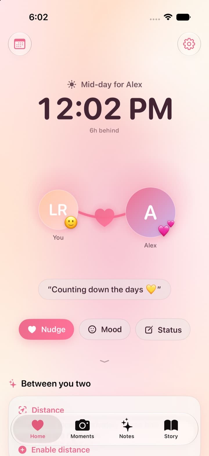 Together home screen showing a partner's time and distance